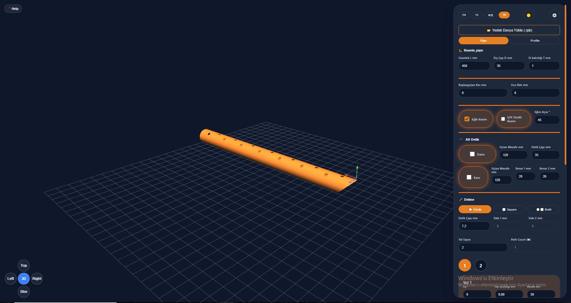 PipeDesigner UI — pipe with drilled holes and miter cut