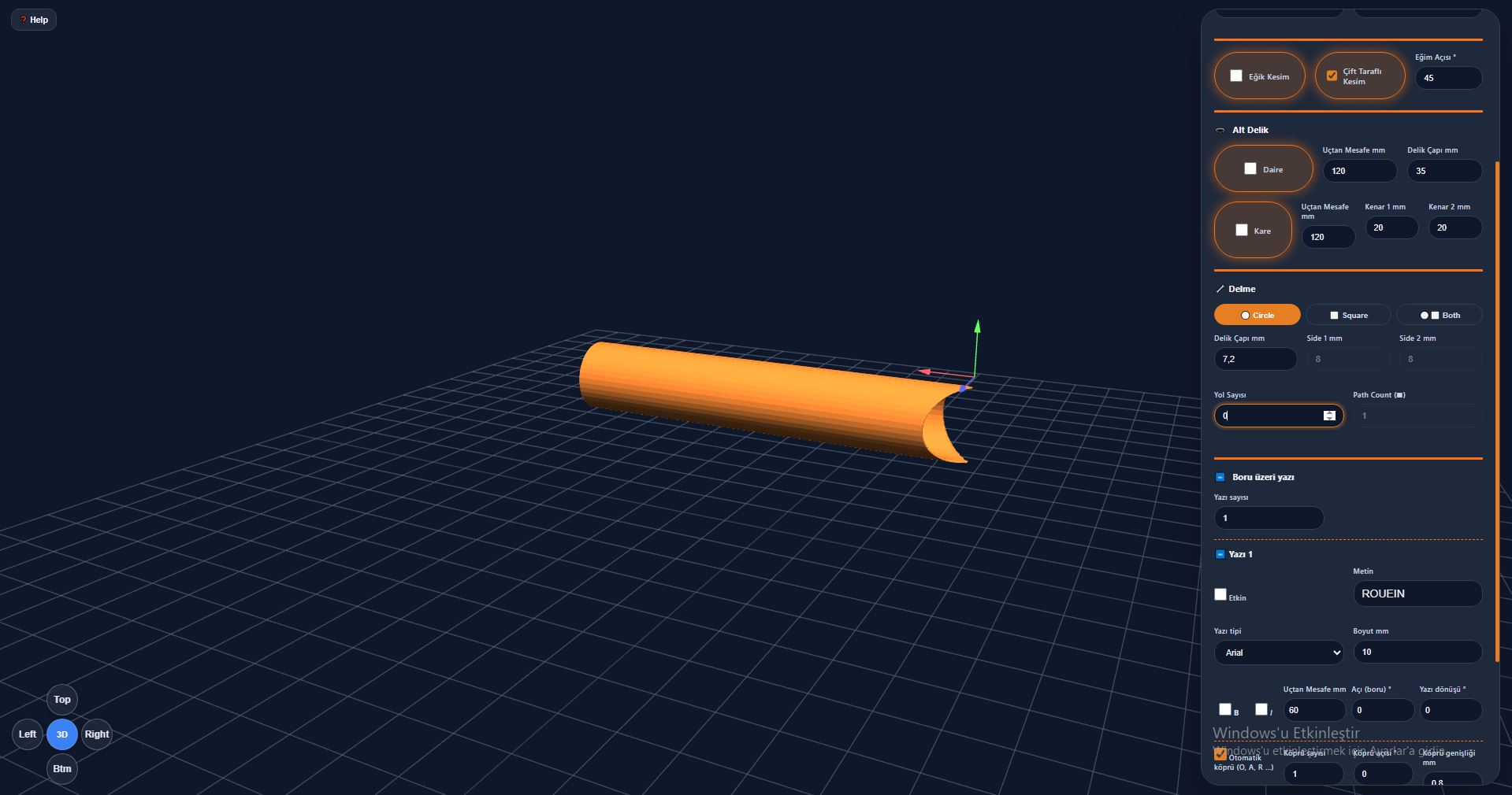 PipeDesigner UI — double-sided miter cut half pipe