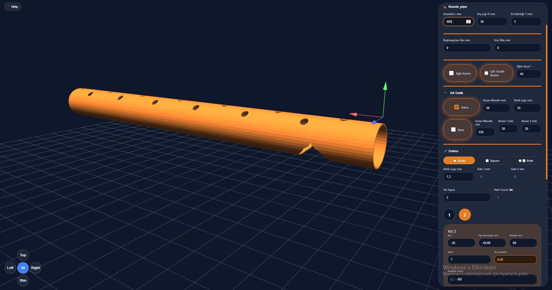 PipeDesigner UI — pipe with v-notch and hole pattern